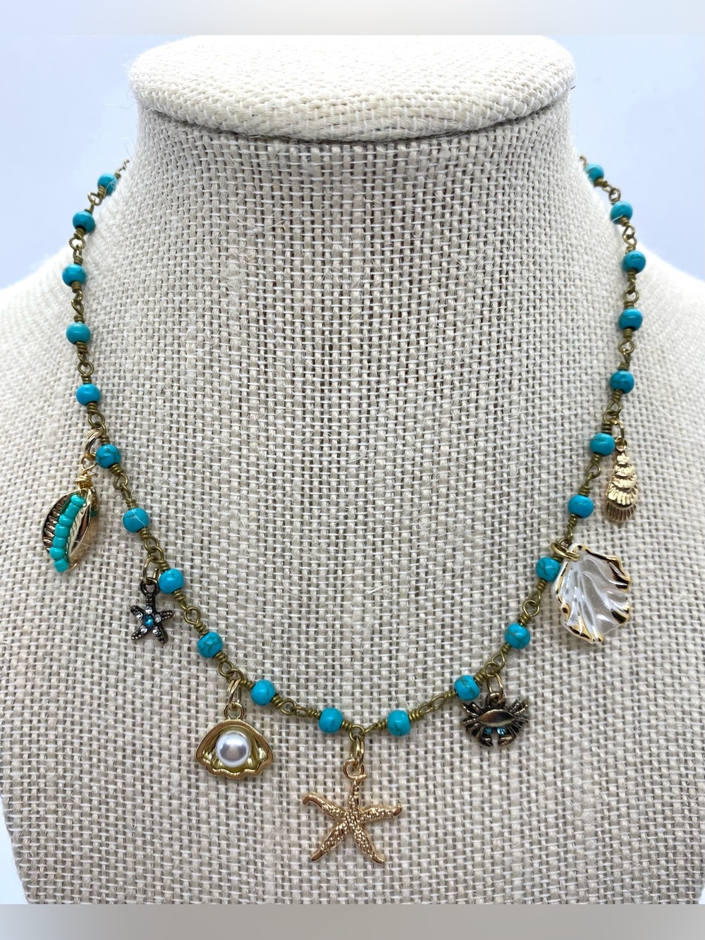 Blue Gold Beaded Necklace Beach Charms Boho Y2K Summer Preppy Eclectic Festival - Picture 3 of 15